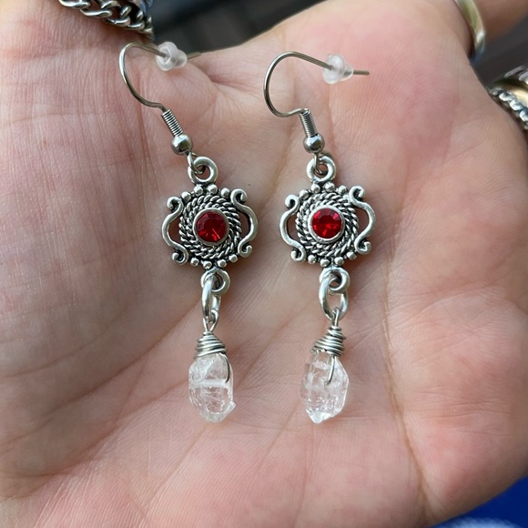 Genuine herkimer diamonds crystal quartz red cz ruby garnet dangly earrings . - Picture 3 of 11